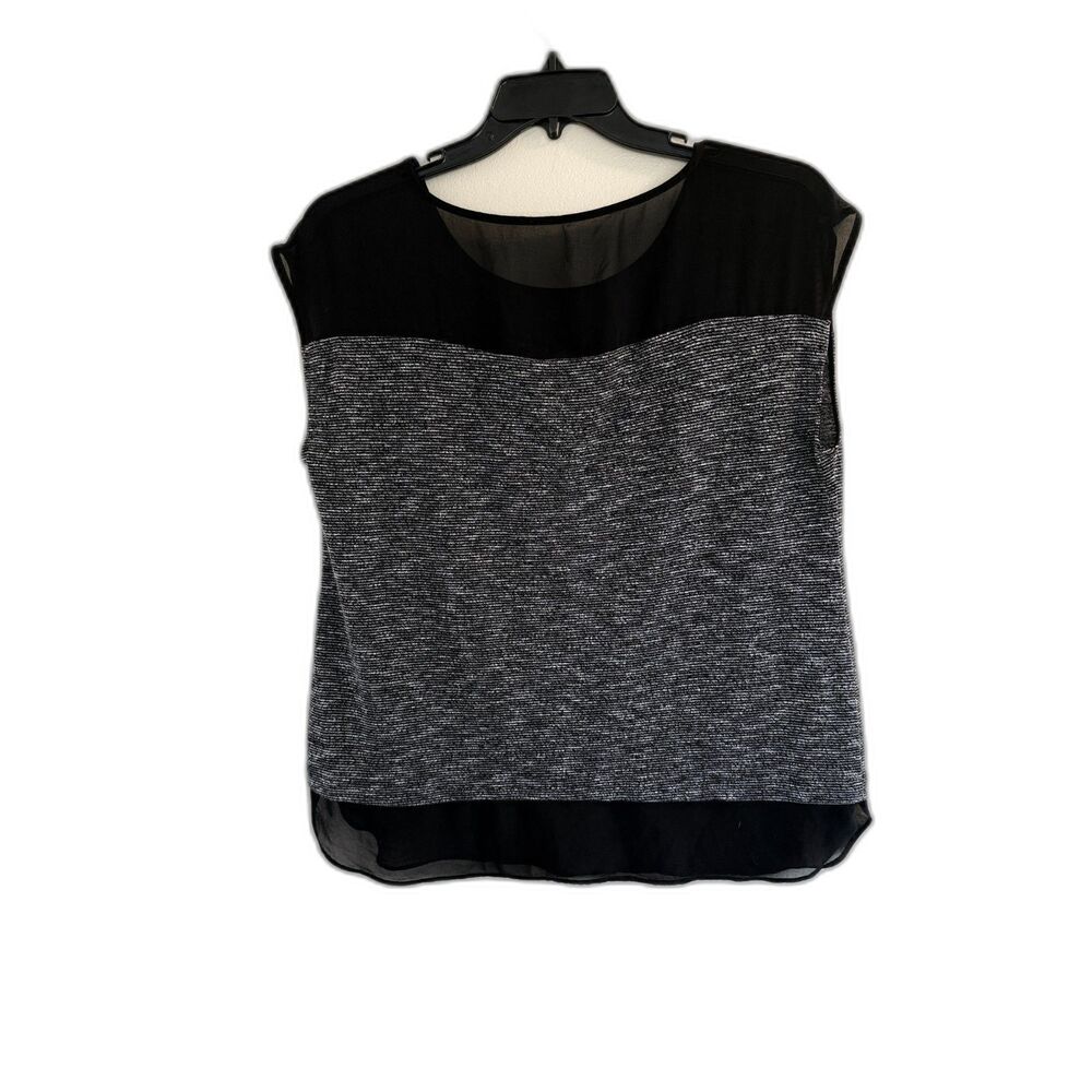 Ann Taylor XL‎ Mixed Media Sleeveless Top Grey Textured Knit Sheer Trim